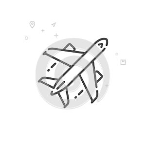 Airplane Vector Line Icon, Symbol, Pictogram, Sign. Light Abstract Geometric Background. Editable Stroke