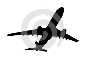 Airplane vector silhouette illustration isolated on white background. Jet plane leaves airport symbol. Aircraft go to destination.