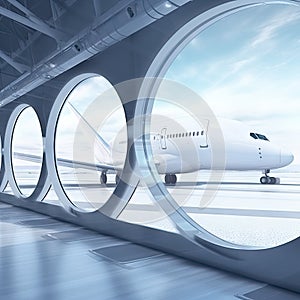 Airplane, view from airport terminal. Futuristic interior design with round windows and white aircraft under blue sy