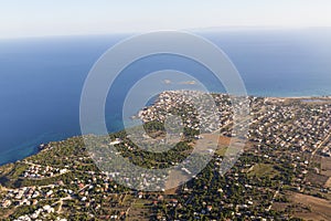 Airplane view of Athens outskirts and Ionian sea