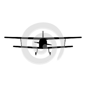 Airplane view with front Light aircraft civil Flying machine icon black color vector illustration flat style image