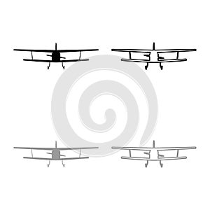 Airplane view with front Light aircraft civil Flying machine icon outline set black grey color vector illustration flat style