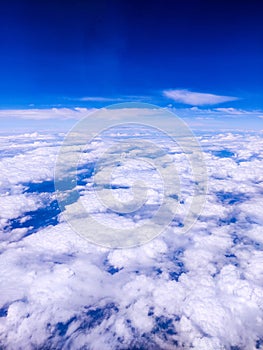 airplane view window up in the Clear cloudy Blu sky