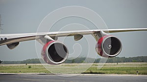Airplane wheel in a landing gear with motion blur , Close up of aircraft wheel at the hangar , Plane wheel, jet plane