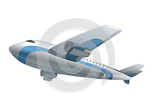 Airplane on white background. Airliner in bottom view. Vector realistic aircraft cargo. Passenger plane, sky flying