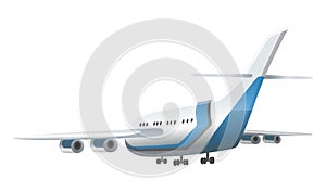 Airplane on white background. Airliner in side view. Vector realistic aircraft cargo. Passenger plane, sky flying
