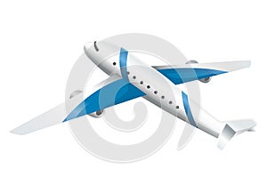 Airplane on white background. Airliner in side view. Vector realistic aircraft cargo. Passenger plane, sky flying