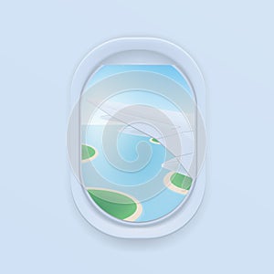 Airplane window. cartoon flat illustration. Porthole, view on the plane wing.