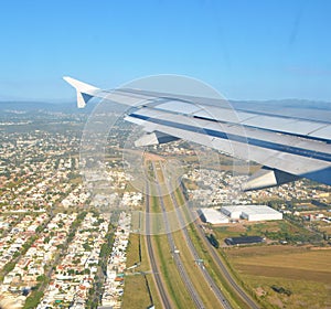 Airplane window city view route