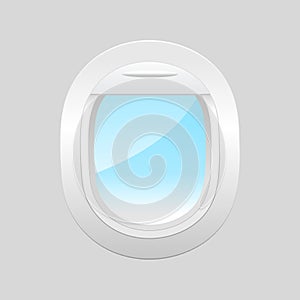 Airplane window inside view. Airplane windows with cloudy blue sky outside. Aircraft window template.