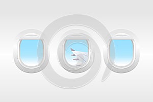 Airplane window inside view. Airplane windows with cloudy blue sky outside. Aircraft window template.