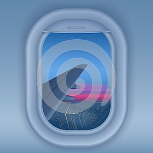 Airplane window at night. Night city from sky view. Long journey trip concept vector illustration.
