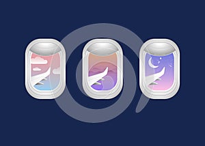 Airplane window shade with outside sky view sunrise sunset and night time on dark blue background