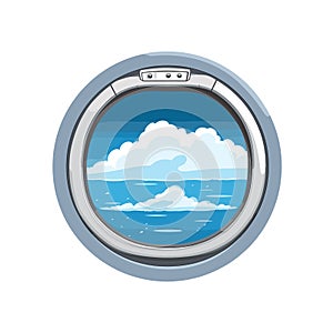 Airplane window with view on blue sky and clouds. Vector illustration of aircraft porthole with scenic cloudscape