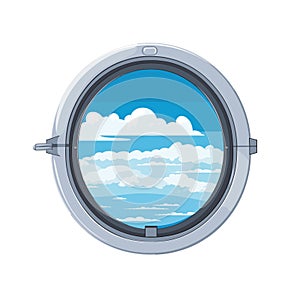 Airplane window view showing clouds and blue sky. Cartoon style porthole with serene sky scene. Travel and aviation