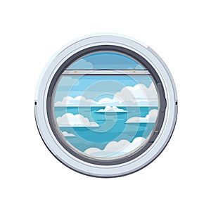 Airplane window view showing clouds and blue sky. Cartoon style porthole with serene sky scene. Travel and aviation