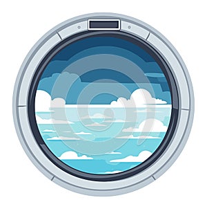 Airplane window view showing clouds and blue sky. Cartoon style porthole with serene sky scene. Travel and aviation