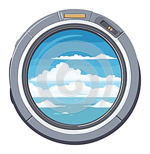 Airplane window view showing clouds and blue sky. Cartoon style porthole with serene sky scene. Travel and aviation