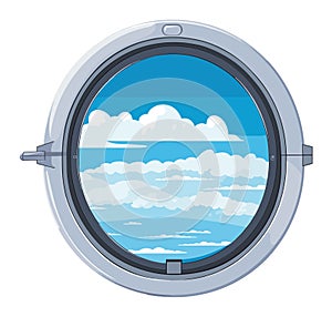 Airplane window view showing clouds and blue sky. Cartoon style porthole with serene sky scene. Travel and aviation
