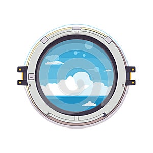 Airplane window view showing clouds and blue sky. Cartoon style porthole with serene sky scene. Travel and aviation