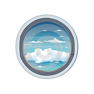 Airplane window view showing clouds and blue sky. Cartoon style porthole with serene sky scene. Travel and aviation