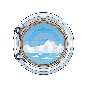 Airplane window view showing clouds and blue sky. Cartoon style porthole with serene sky scene. Travel and aviation