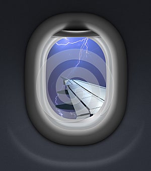 Airplane window view in storm with thunderbolt 3d illustration