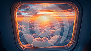 Airplane window view of sunset over fluffy clouds