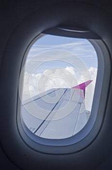 Airplane window and wing in cloudy sky