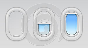 Airplane windows. Aircraft portholes with blue sky and fuselage background, vector open closed and half closed types of