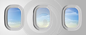 Airplane windows with cloudy blue sky outside. View from airplane. Sky with clouds in aircraft window. Vector illustration