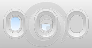 Airplane windows oval shaped in realistic style. Plane, jet interior elements open, half-closed, closed.
