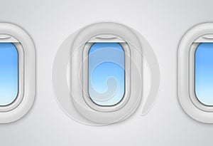 Airplane windows. Realistic vector aircraft illuminator. 3D porthole mockup photo