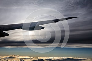 Airplane wing against sky and clouds