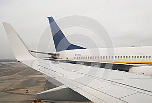 Airplane wing at the airport