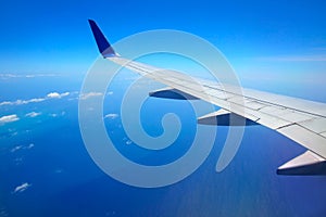 Airplane wing with blue sky