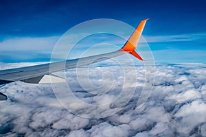 Airplane wing in blue sky above white fluffy clouds. Passenger transport flies in the atmosphere against the backdrop of a natural