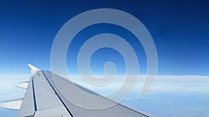 Airplane wing and blue sky background