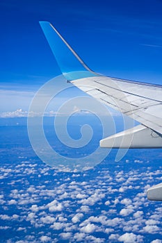 Airplane wing flying in the blue sky