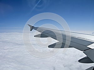 Airplane wing over the clouds,