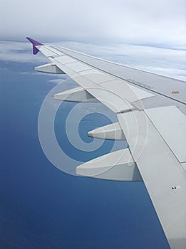 Airplane wing under blue sky