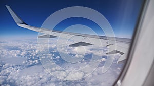 Airplane wing. view from the airplane porthole