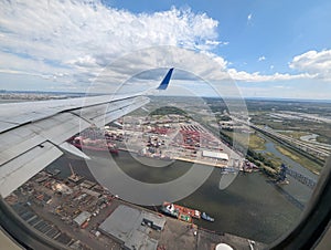 Airplane wing view airport blue sky runway planes