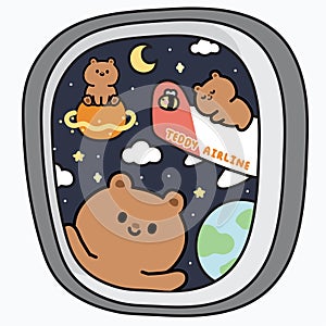 Airplane wing from window.Sky space galaxy view on seat side windows plane.Teddy