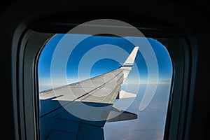 Airplane wing and winglet at cruising altitude, view from window