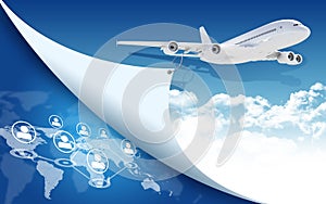 Airplane and world map with network