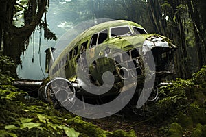 Airplane wreck in the jungle. Crash site. Wracked old rusty Airplane overgrown with foliage in jungle forest.