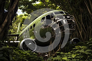Airplane wreck in the jungle. Crash site. Wracked old rusty Airplane overgrown with foliage in jungle forest.