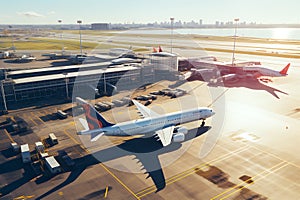 Airplanes in the airport. View from above. 3d rendering