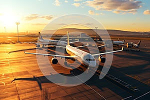 Airplanes in the airport. View from above. 3d rendering